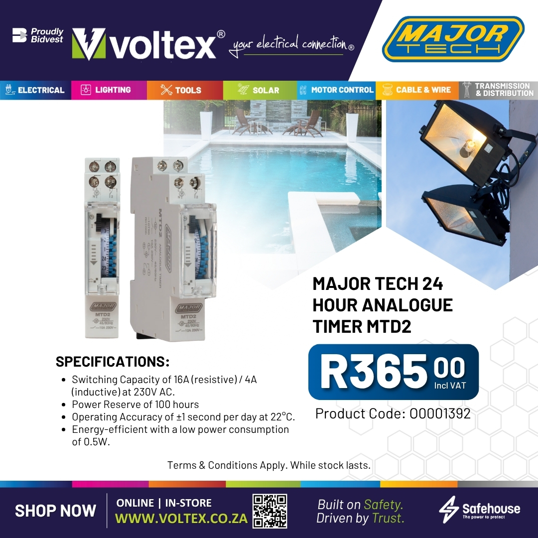 voltexsa's tweet image. ⏱️ Take control of your energy usage!
The Major Tech 24-Hour Analogue Timer helps you automate your electrical schedule with ease and efficiency.

Perfect for home, office, or industrial use.

Shop now 👉 voltex.co.za/product/major-…

#Voltex_SA #YourElectricalConnection #MajorTech