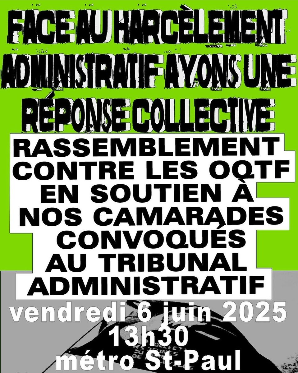 Vendredi 6 juin, à partir de 13h30, tou·te·s au métro Saint Paul (ligne 1) : contre la répression, contre les oqtf, contre le racisme et le fascisme, SOLIDARITE PARTOUT !

Venez nombreuses et nombreux pour soutenir les mineurs isolés en lutte convoqués au tribunal administratif