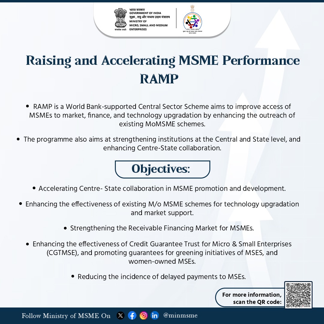 RAMP is a World Bank-supported Central Sector Scheme, aimed at improving access of MSMEs to market, finance, and technology upgradation.

#MSME #PMVishwakarma #scsthub #coir #KVIC #Khadi #NSIC #MGIRI #NIMSME #employment #Empowerment