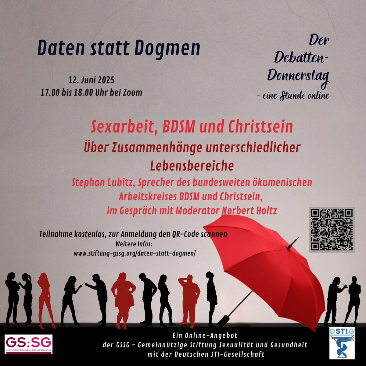 Der dritte digitale Debatten-Donnerstag bringt drei Themen zusammen, bei denen schon jedes für sich zur Kontroverse einlädt: #sexarbeit #bdsm #christsein. Wir freuen uns auf die Que(e)rverbindungen!
Anmeldungen über den QR-Code mit formloser E-Mail. 
#kirche #sexualität #moral