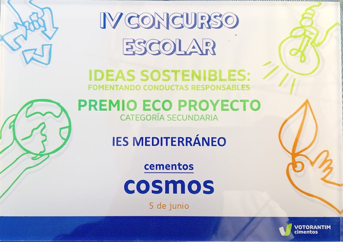 Alumnado 👩‍🎓👨‍🎓 de 3º de ESO ha obtenido el premio 🏆"ECO PROYECTO" 🌻 en el concurso escolar organizado por Cementos Cosmos  (Fábrica de La Araña) <a href="/educacionmlg/">Desarrollo Educativo Málaga</a>  <a href="/malaga_este/">Distrito 2 Málaga Este</a> Enhorabuena 👏👏 al alumnado y profesoras implicadas en el proyecto #centrosostenible del <a href="/educaciongob/">Ministerio de Educación, FP y Deportes</a>