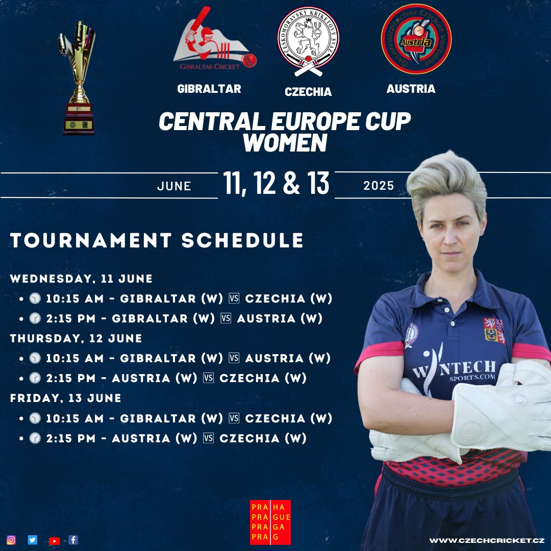 CzechCricket's tweet photo. CE Cup 2025 is coming to Prague! 

📍 Scott Page Field, Vinoř

🗓️ June 8–15 | 🎟️ FREE entry

🌍Czechia 🇨🇿 Austria 🇦🇹 Norway 🇳🇴 Gibraltar 🇬🇮 battle it out in Men’s &amp; Women’s T20Is!

🧾 Schedules &amp; event links👇
Men: https://t.co/JCHsXpkIGn
Women: https://t.co/FbMETQykbw https://t.co/c50PtDdgd5