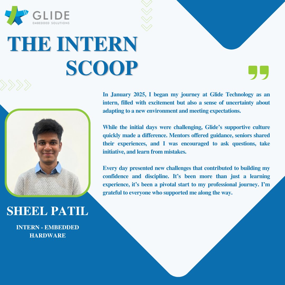 glidemtech's tweet image. &quot;What began with uncertainty turned into a transformative journey where I gained confidence, and real-world experience in Embedded Systems.&quot; 🗒️  – Sheel Patil, reflects on his #Internship  at #GlideTechnology 

📷 About our #WorkCulture &amp;amp; #CurrentOpening : glidemtech.com/careers/