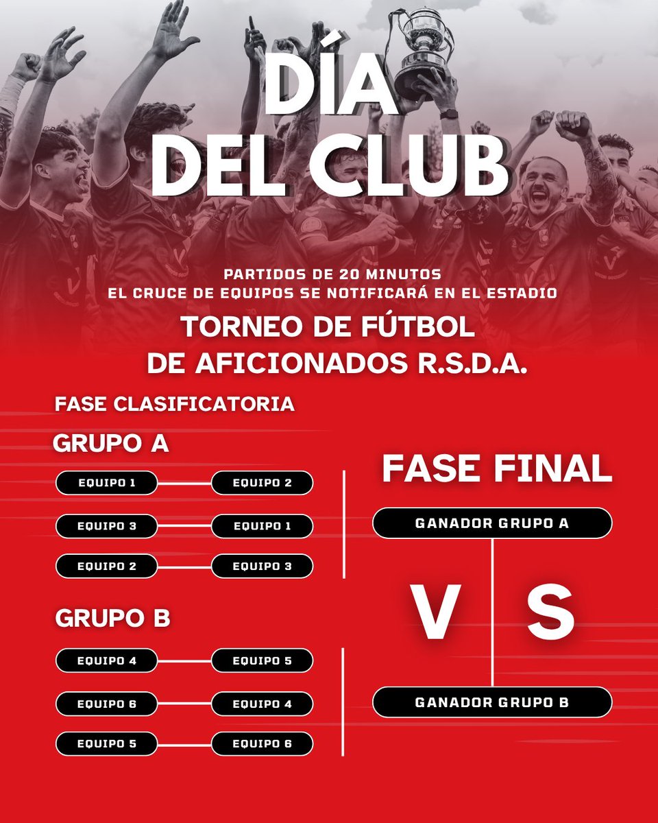 RSD ALCALA SAD (@rsda_oficial) on Twitter photo 🔥¡ATENCIÓN FAMILIA ROJILLA!🔥
Llega el DÍA DEL CLUB de la R.S.D.A.
Prepárate para un día de fútbol, diversión y buen ambiente para toda la familia ⚽🎶
📍 Estadio El Val
🗓️ El sábado 14 de JUNIO
🕙 10:00 | Torneo de Fútbol de aficionados R.S.D.A.🏆
🕔 17:00 | Actividades 🔥¡ATENCIÓN FAMILIA ROJILLA!🔥
Llega el DÍA DEL CLUB de la R.S.D.A.
Prepárate para un día de fútbol, diversión y buen ambiente para toda la familia ⚽🎶
📍 Estadio El Val
🗓️ El sábado 14 de JUNIO
🕙 10:00 | Torneo de Fútbol de aficionados R.S.D.A.🏆
🕔 17:00 | Actividades