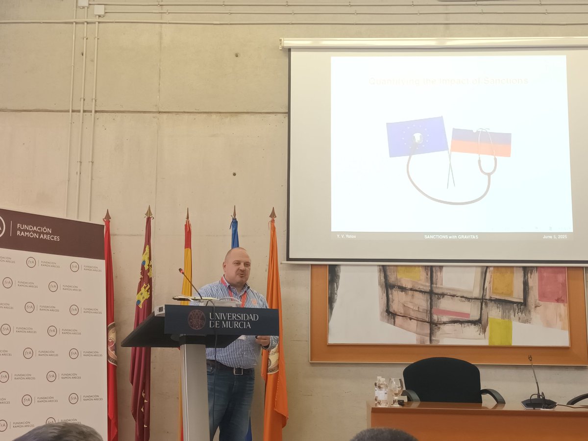 ALDE (@aldeconomia) on Twitter photo Outstanding keynote speech by <a href="/YotovG/">Yoto V. Yotov</a> on sanctions with gravity models in the XXVII Applied Economics Meeting, at <a href="/EconomicasUMU/">Facultad de Economía y Empresa UMU</a>, <a href="/UMU/">Universidad Murcia</a>. Two takeaways: 1. Trade takes 10 years to recover after lifting a sanction. 2. Could sanctions on Russia be a catalyst of a new Cold War? Outstanding keynote speech by <a href="/YotovG/">Yoto V. Yotov</a> on sanctions with gravity models in the XXVII Applied Economics Meeting, at <a href="/EconomicasUMU/">Facultad de Economía y Empresa UMU</a>, <a href="/UMU/">Universidad Murcia</a>. Two takeaways: 1. Trade takes 10 years to recover after lifting a sanction. 2. Could sanctions on Russia be a catalyst of a new Cold War?