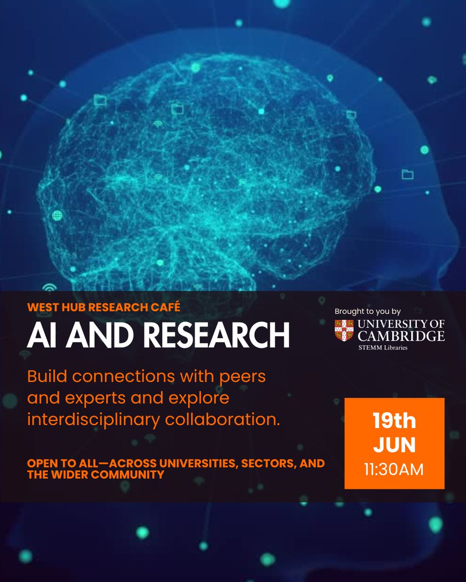 West Hub Research Café: AI &amp; Research
🗓️Thursday 19 June
📍 West Hub, University of Cambridge
We're excited to host the next Research Café—a relaxed, informal space where academics, researchers, and students from across disciplines can meet, share ideas, and explore how AI and