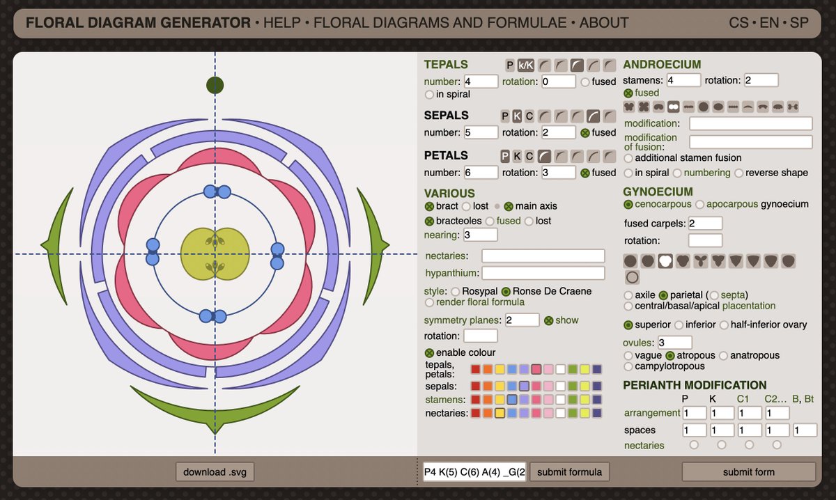 Thanks to this tweet from Abel, discovered that there is a visual representation and notation system for structure of flowers called Floral diagrams. Also, stumbled on this pretty cool Floral diagram visualizer by Tomáš Kebert: kvetnidiagram.8u.cz