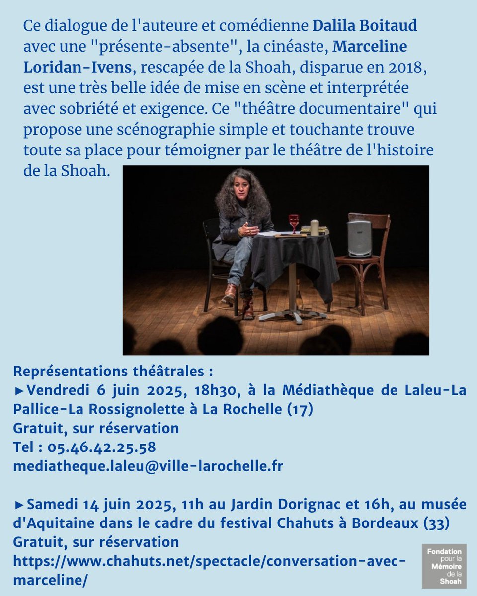 #Théâtre Ce dialogue de l'auteure et comédienne Dalila Boitaud avec une "présente-absente", la cinéaste, Marceline Loridan-Ivens, rescapée de la Shoah, disparue en 2018, est une très belle idée de mise en scène.
📆Demain, 18h30, La Rochelle
fondationshoah.org/memoire/conver…