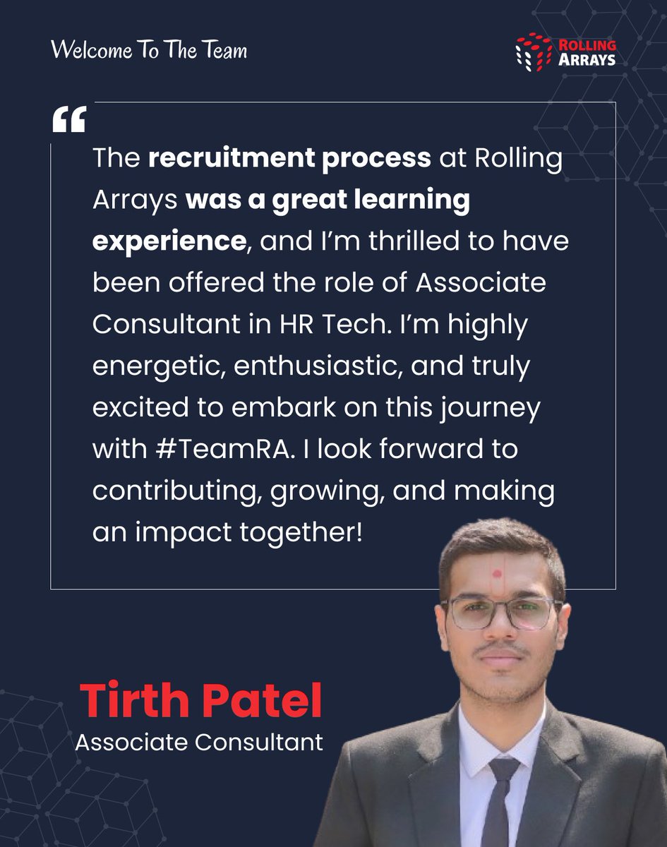 RollingArrays's tweet image. A huge welcome to our newest Associate Consultant Tirth Patel to Rolling Arrays Family! He is embarking on an exciting journey with us, eager to learn, grow, and contribute

We&apos;re thrilled to have him as part of #TeamRA!

#WelcomeToTheTeam #NewHire #RollingArrays