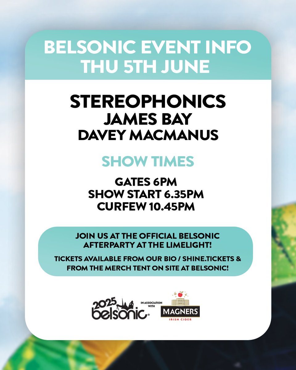belsonicbelfast's tweet image. STEREOPHONICS, TIMES &amp;amp; EVENT INFO ℹ️All times are subject to change. Remaining tickets from Ticketmaster.

Join us at The Limelight after the show for Rock, Alternative &amp;amp; Indie anthems at the afterparty! Remaining tix from shine.tickets and the merch tent at Belsonic.