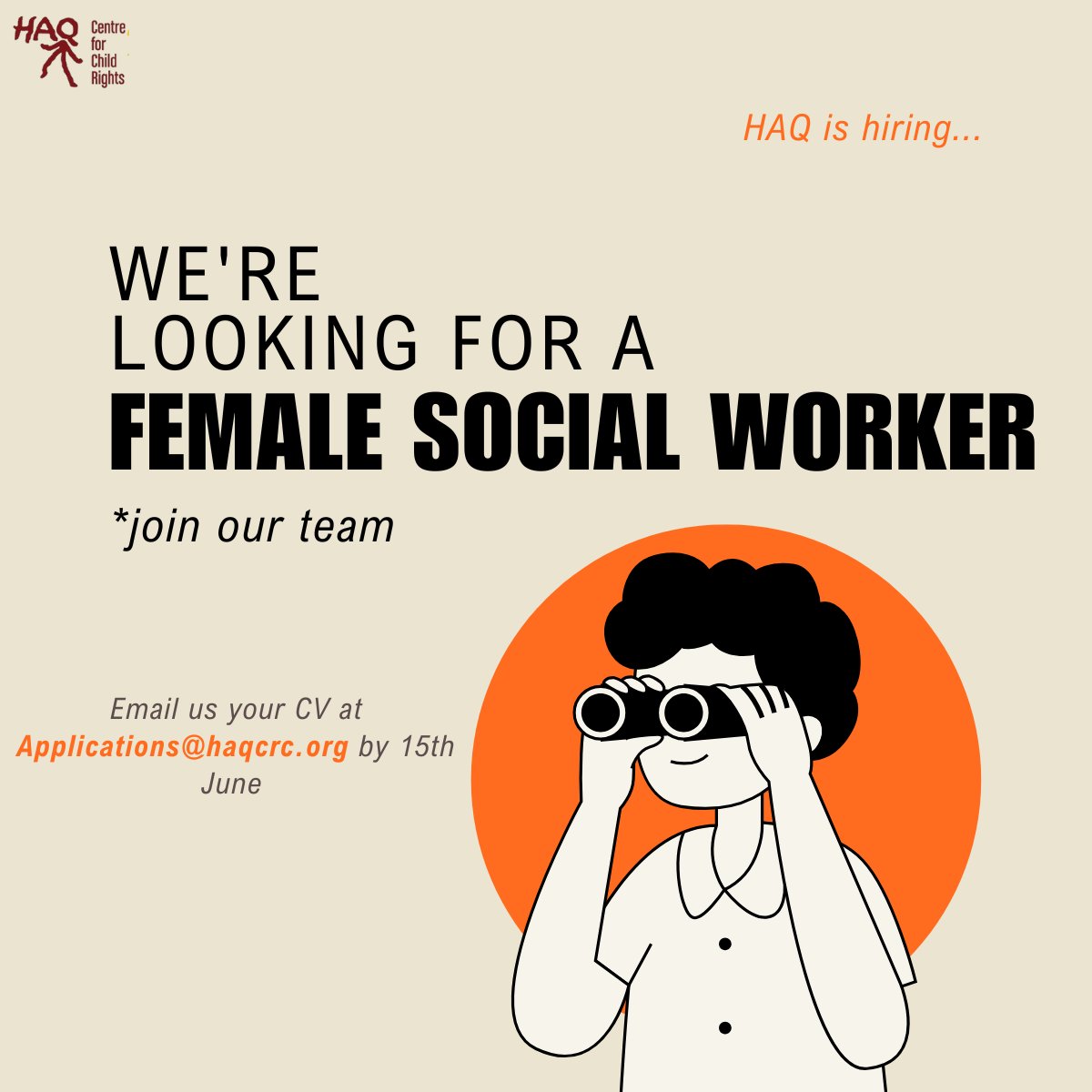 We’re looking for Female Social Worker to join us. If you’re passionate about child rights, we’d love to hear from you! 
Role: Social Worker (Female)
Location: Delhi
Last Date to Apply: 15th June 2025
🔗 More details &amp; how to apply: bit.ly/4dS1V4r 

#childrights #HAQCRC