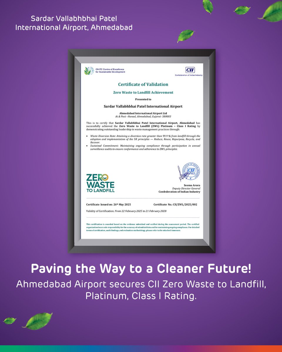 Ahmedabad Airport (@ahmairport) on Twitter photo #AhmedabadAirport is now certified Zero Waste to Landfill (Platinum, Class I) by <a href="/FollowCII/">Confederation of Indian Industry</a>, with a waste diversion rate of over 99.9%!
Only the second airport in India to achieve this, thanks to efforts like #DigiYatra, PET bottle phase-out, hand dryers, and strong waste #AhmedabadAirport is now certified Zero Waste to Landfill (Platinum, Class I) by <a href="/FollowCII/">Confederation of Indian Industry</a>, with a waste diversion rate of over 99.9%!
Only the second airport in India to achieve this, thanks to efforts like #DigiYatra, PET bottle phase-out, hand dryers, and strong waste