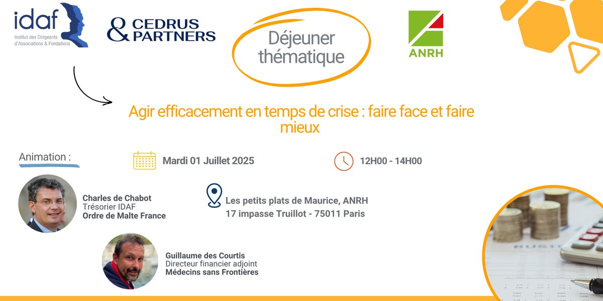 🔔 Déjeuner Thématique - Agir efficacement en temps de crise : faire face au mieux 

L’IDAF et Cedrus &amp; Partners&amp;Partners ont le plaisir de vous convier à un déjeuner thématique du Cercle Finance :

👉 En savoir plus : urlr.me/yACT23

#idaf #asso #association #fondation