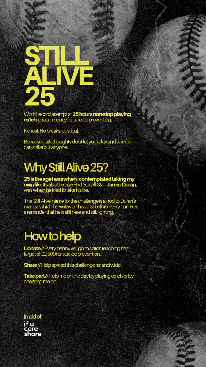 One of our members and AAA team player, Aaron Rook, is attempting to play catch for 25 hours to raise money for suicide prevention. For more info view the poster and link below
bit.ly/StillAlive25
#Baseball #RedSox #JarrenDuran #SuicidePrevention