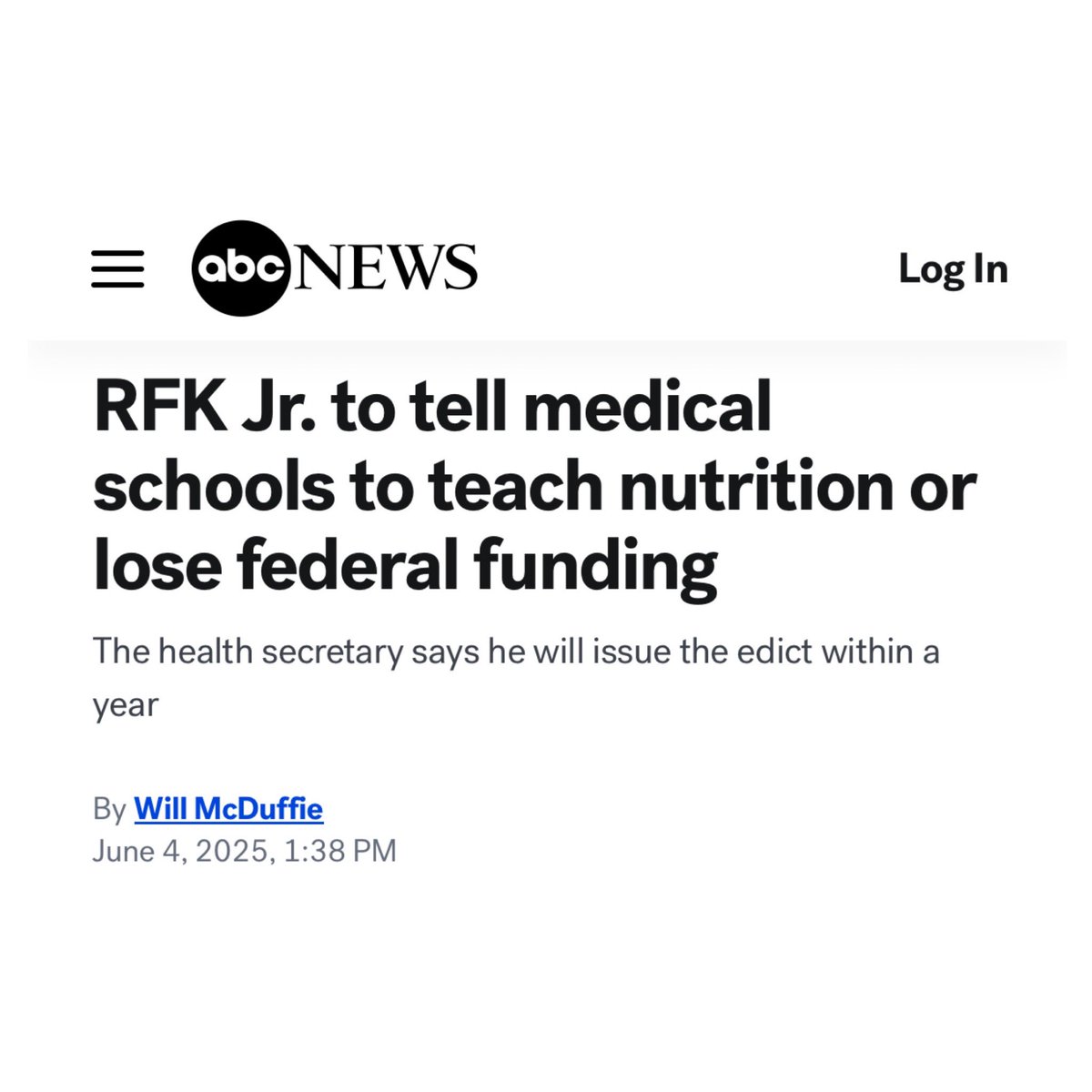 Holden_Culotta's tweet image. 🔥 RFK Jr. plans to cut HHS funding to medical schools that don’t teach nutrition

“Physicians are taught how to treat illnesses with drugs, but not how to … keep people healthy so they don’t need the drugs.”

“Over the next year, we’ll announce that medical schools that don’t
