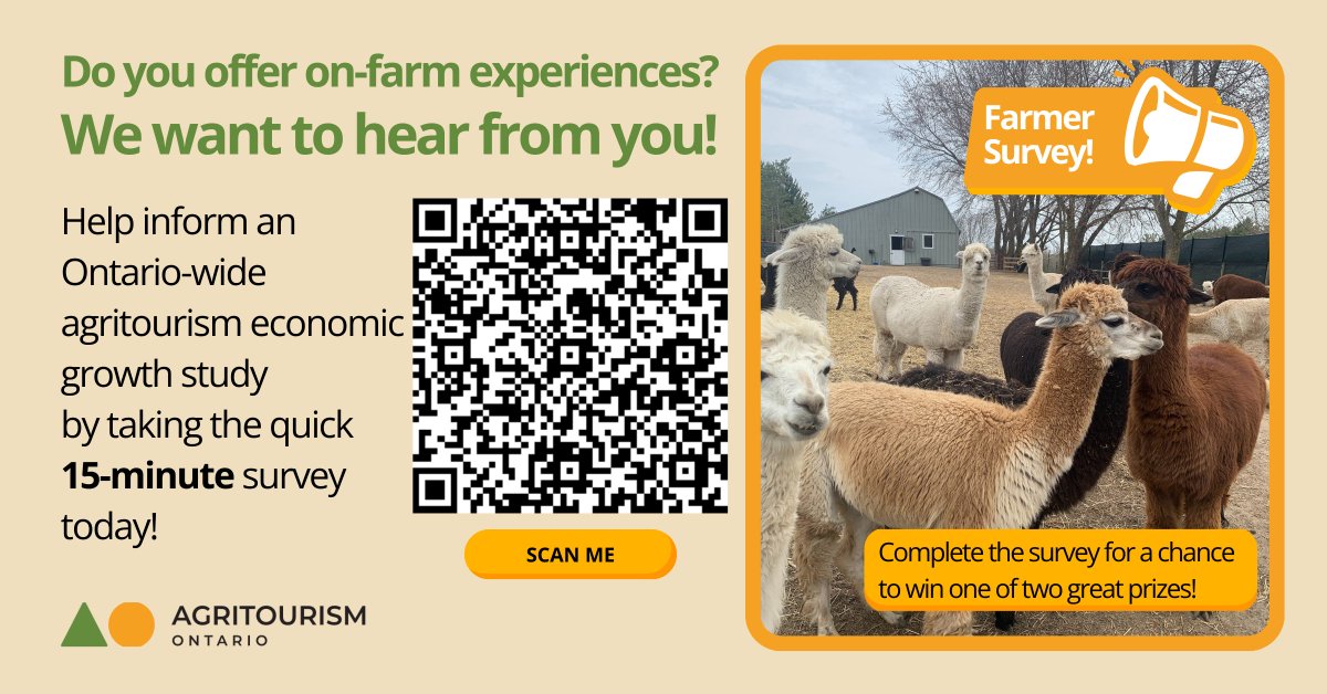 📣 Calling all agritourism operators in Wellington County! @AgriTourismON wants your input in a province-wide study. If you offer farm tours, PYO, B&amp;B stays, or other on-farm experiences — take the 15-min survey &amp; help grow Ontario agritourism! 

👉surveymonkey.com/r/FarmerSurvey…