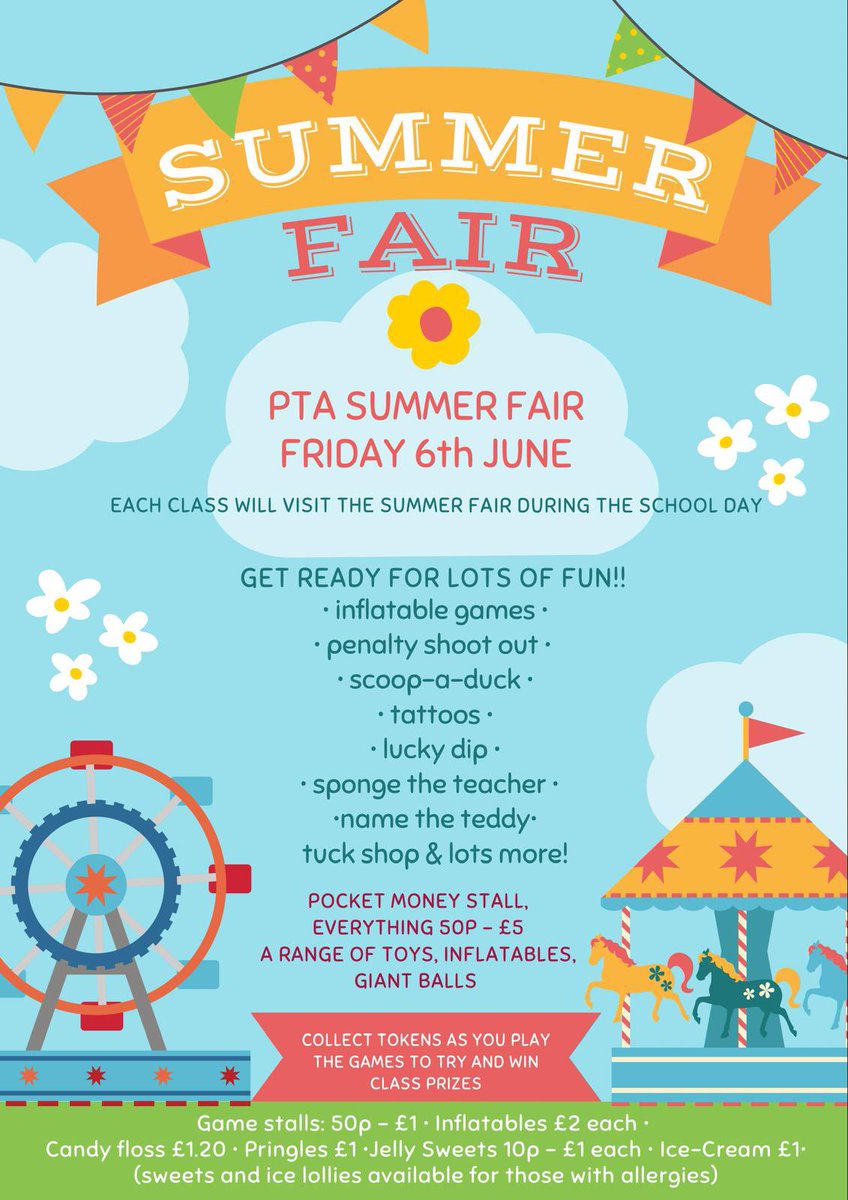 Tomorrow sees our PTA Summer Fair take place during the school day. All year groups will have the opportunity to visit the Fair ☀️