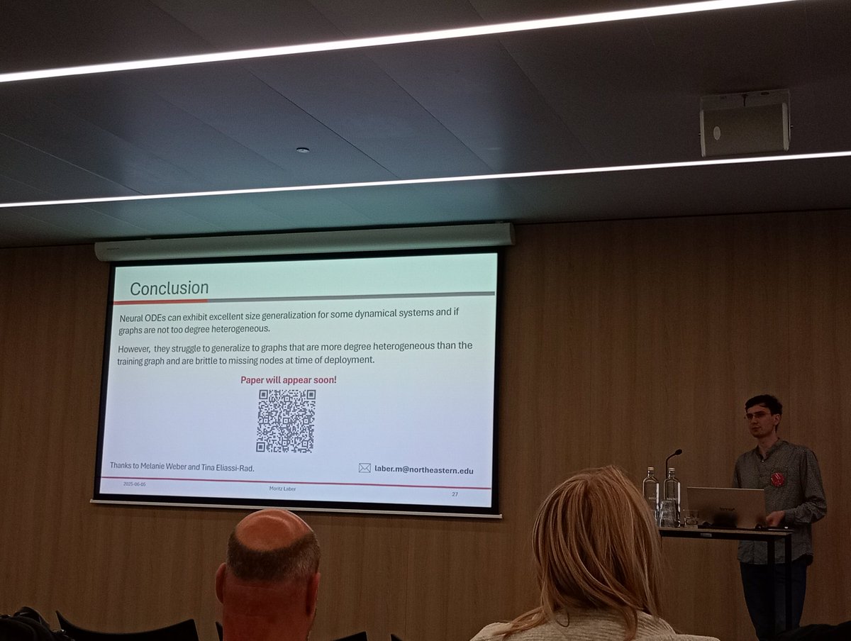 Complexity Cat 🐱 (@amahury0) on Twitter photo Kicking off the machine learning session, <a href="/Moritz_Laber/">Moritz Laber</a> studies how incorporating prior knowledge about network dynamical systems into neural ODEs influences sample efficiency, as well as the correlation between network structure and performance.
#NetSci2025 Kicking off the machine learning session, <a href="/Moritz_Laber/">Moritz Laber</a> studies how incorporating prior knowledge about network dynamical systems into neural ODEs influences sample efficiency, as well as the correlation between network structure and performance.
#NetSci2025