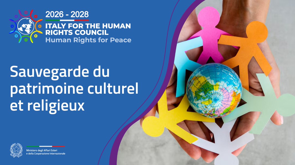 Au Conseil des #DroitsdelHomme 🇺🇳 l'Italie 🇮🇹sauvegarde le #patrimoine culturel et religieux, fondement de la civilisation, et protège les droits des personnes appartenant à des #minorités ethniques et religieuses, en promouvant la paix et la stabilité.
#ItalyforHumanRights