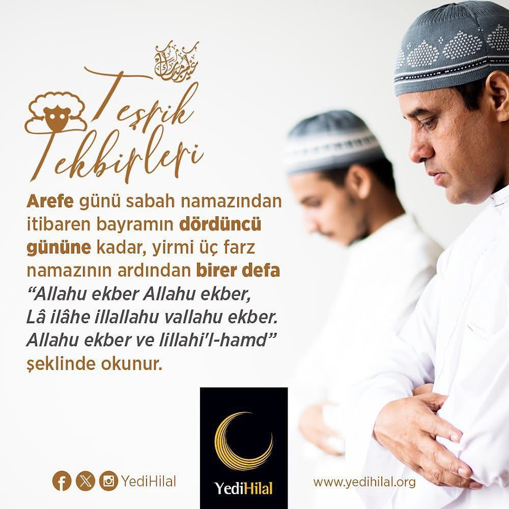 Teşrik tekbirleri, arefe günü sabah namazından itibaren bayramın dördüncü gününe kadar, yirmi üç farz namazının ardından birer defa “Allahu ekber Allahu ekber, lâ ilâhe illallahu vallahu ekber.
Allahu ekber ve lillahi’l-hamd.” şeklinde okunur.