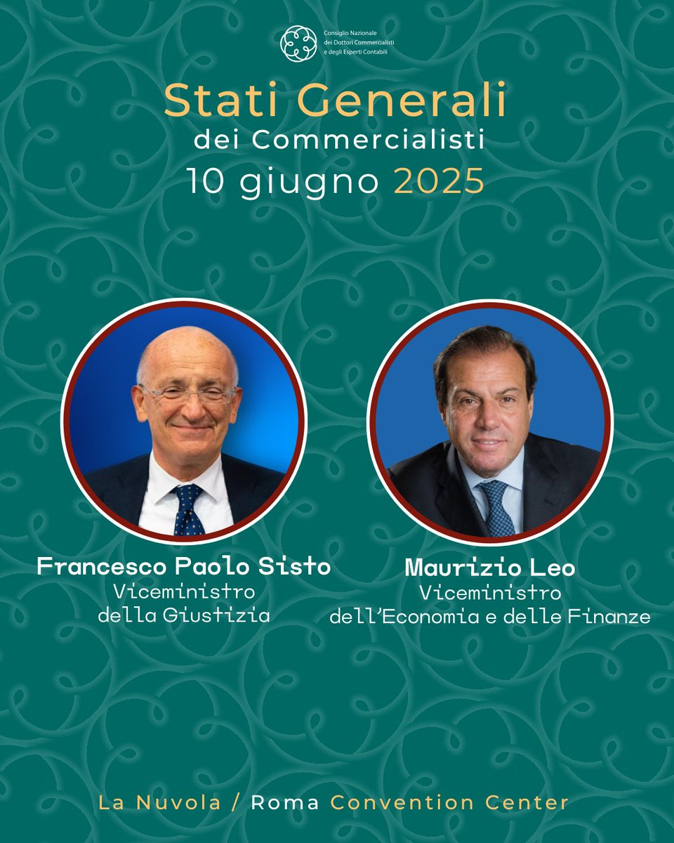 Stati Generali dei Commercialisti 2025: il 10 giugno a Roma alla Nuvola di Fuksas. All'appuntamento annuale del <a href="/CndcecConsiglio/">Consiglio nazionale commercialisti</a> nazionale della categoria, presieduto da <a href="/elbano_de/">Elbano de Nuccio</a> Nuccio, parteciperanno i Viceministri <a href="/minGiustizia/">Ministero Giustizia</a> Francesco Paolo Sisto e <a href="/MEF_GOV/">MEF</a> Maurizio Leo