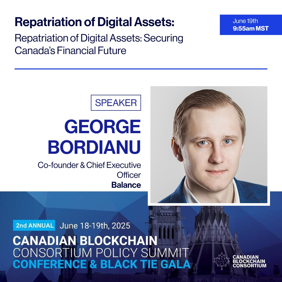 We are excited to announce George Bordianu, Co-Founder/CEO, <a href="/balance_canada/">Balance</a>  as a speaker at the Canadian Blockchain Consortium Policy Summit! The panel will discuss Repatriation of Digital Assets: Securing Canada's Digital Future

Tickets: zurl.co/EO8Jr