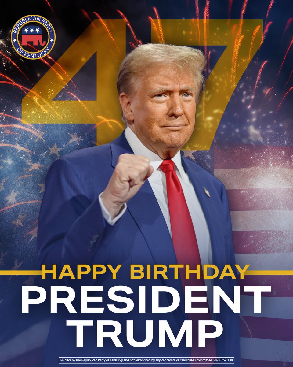 Republican Party of Kentucky (@kygop) on Twitter photo Happy Birthday to <a href="/realDonaldTrump/">Donald J. Trump</a>, a leader who reshaped American politics and never stopped fighting for the people.
Your vision and leadership continue to inspire us all! Happy Birthday to <a href="/realDonaldTrump/">Donald J. Trump</a>, a leader who reshaped American politics and never stopped fighting for the people.
Your vision and leadership continue to inspire us all!