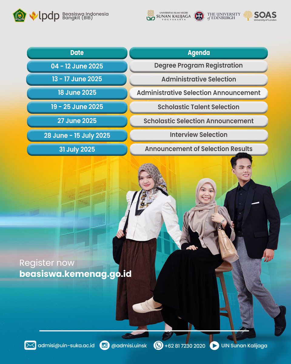 Join the Dual Master’s Degree Program! 💥
Start your academic journey with UIN Sunan Kalijaga, in collaboration with SOAS University of London and The University of Edinburgh. 
Take your knowledge to the next level!
💻 Register now at: beasiswa.kemenag.go.id
#uinsk #uinsuka