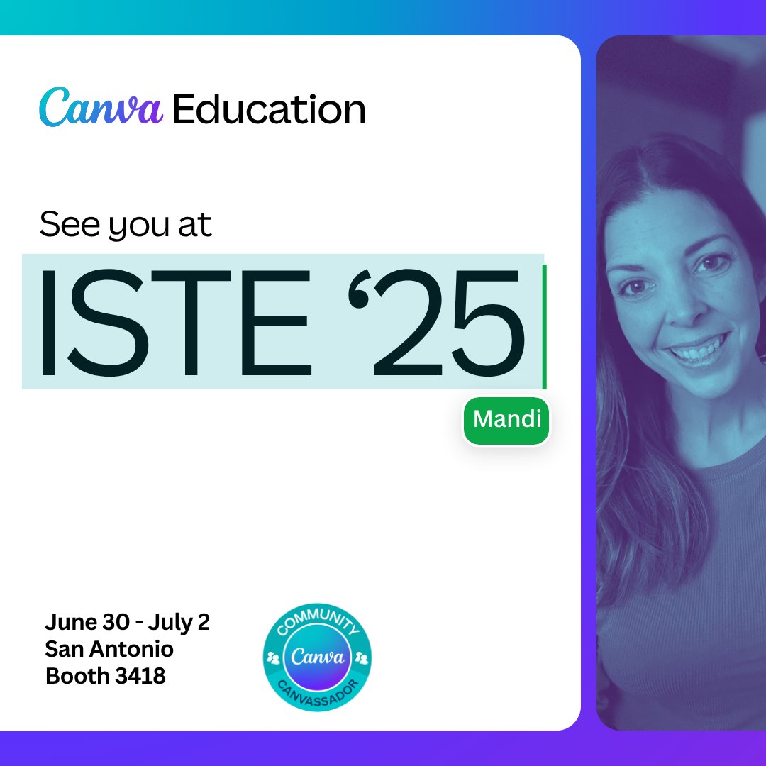 Learn_AndGo's tweet image. 🎉 Excited to be at #ISTE25 in San Antonio!
Catch me at the @CanvaEdu booth (#3418) on June 30 from 3–5 PM!
Let’s chat all things creativity, classroom design, and Canva magic. 💻✨
#Canvassador #ISTE2025 #EdTech #TeacherLife #CanvaEDU