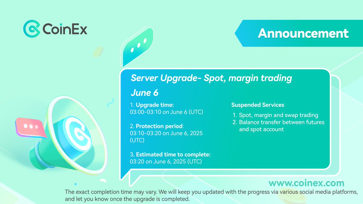 CoinEx Customer Support (@coinexcs) on Twitter photo 🚨Upcoming #CoinEx Spot upgrade (June 6)
🔗coinex.com/announcements/…
<a href="/CoinEx_official/">کوینکس رسمی</a> <a href="/coinexindia/">CoinEx India Official 🇮🇳</a> <a href="/CoinExNigeria/">CoinExNigeria</a> 🚨Upcoming #CoinEx Spot upgrade (June 6)
🔗coinex.com/announcements/…
<a href="/CoinEx_official/">کوینکس رسمی</a> <a href="/coinexindia/">CoinEx India Official 🇮🇳</a> <a href="/CoinExNigeria/">CoinExNigeria</a>