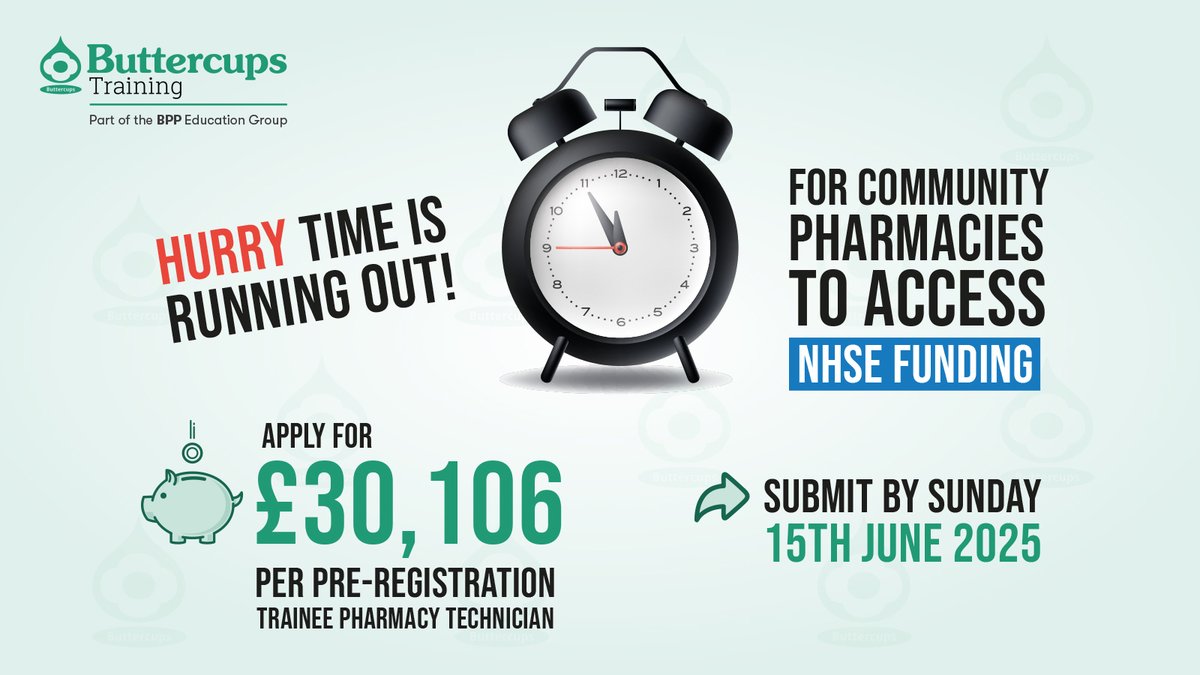 Buttercups Training (@frombuttercups) on Twitter photo You still have time to apply!
Don’t miss your chance to access over £30,000 of NHS funding per Pharmacy Technician apprentice from <a href="/NHSEngland/">NHS England</a>
Get in touch now for support with your application: forms.office.com/e/H8FmUPiBzH
#NHSEFunding #PharmacyApprenticeships You still have time to apply!
Don’t miss your chance to access over £30,000 of NHS funding per Pharmacy Technician apprentice from <a href="/NHSEngland/">NHS England</a>
Get in touch now for support with your application: forms.office.com/e/H8FmUPiBzH
#NHSEFunding #PharmacyApprenticeships