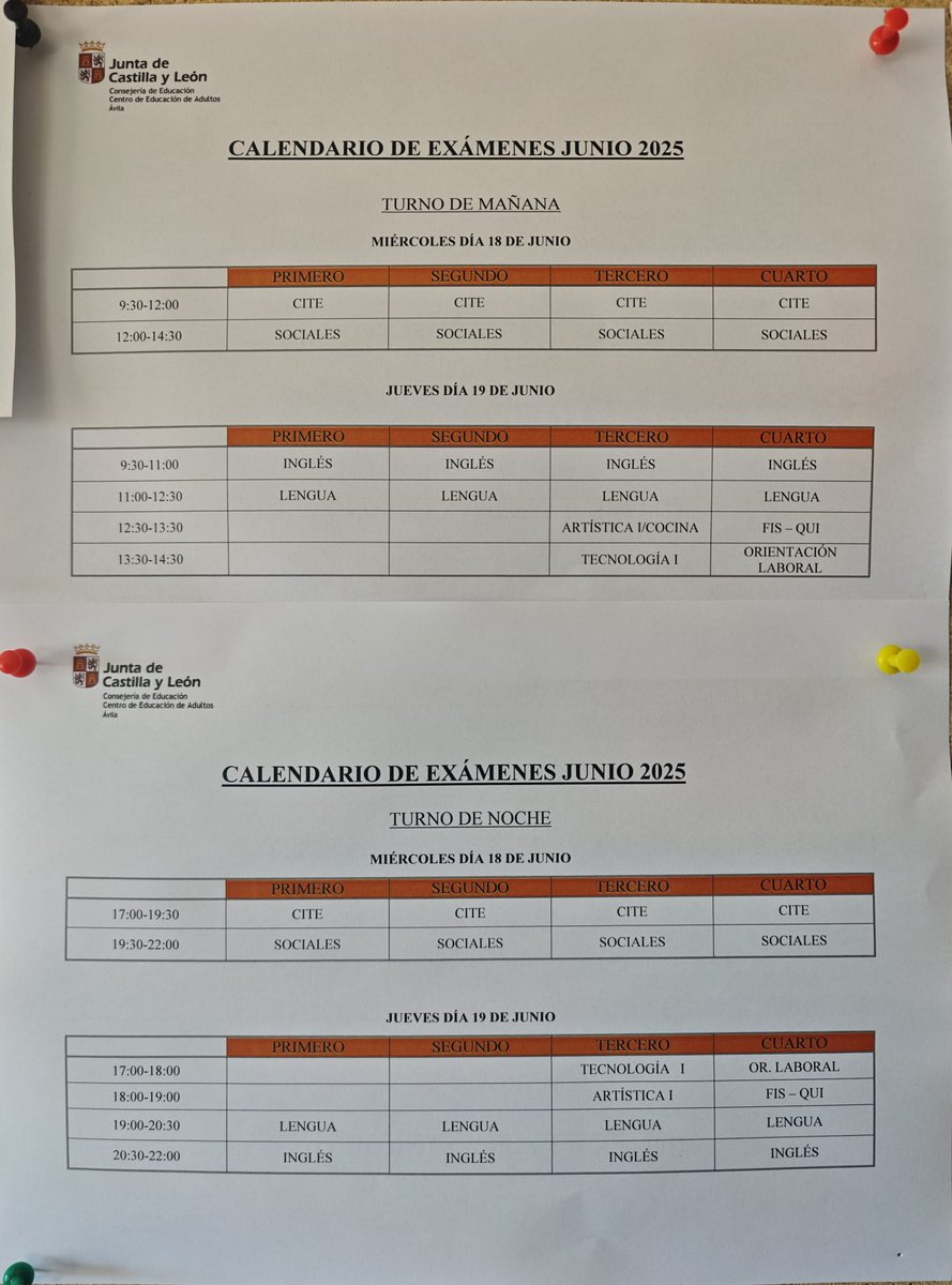 Calendario de exámenes finales de ESPA