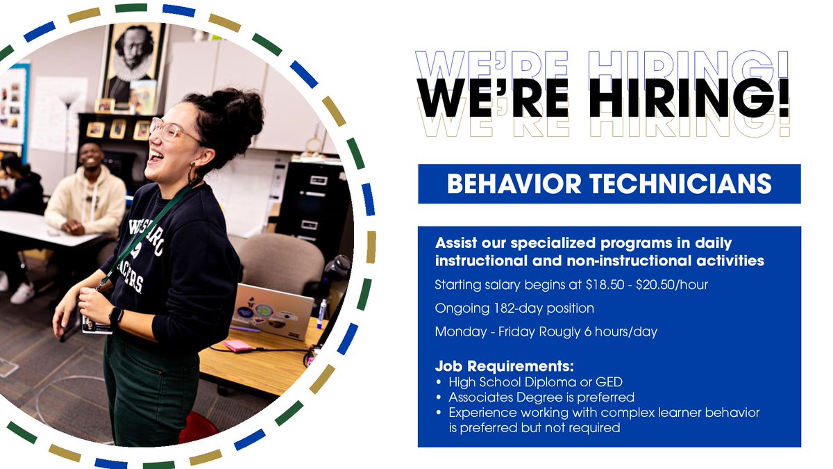 We are hiring Behavior Technicians for the upcoming school year! Our Behavior Technicians are a key piece in our specialized programming.

Join us at the #DistrictofChoice 
Apply today: ow.ly/iYvz50W2Xwx