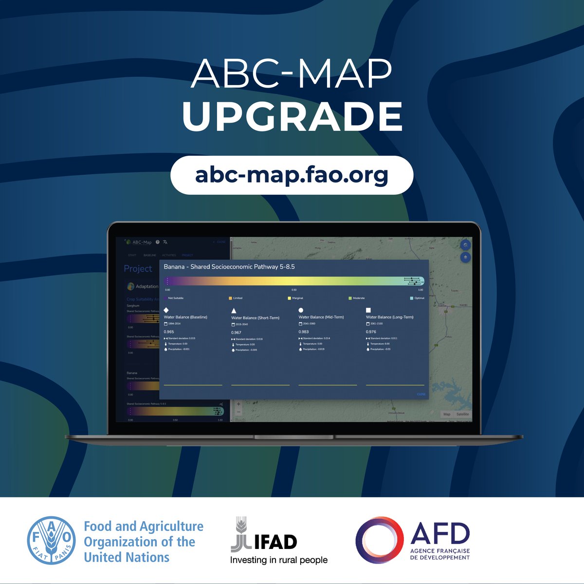 FAO Climate Change & Biodiversity (@faoclimate) on Twitter photo ABC-Map gets an upgrade!
A new indicator reveals future climate suitability for 30 key crops. By 2100, staples like wheat, coffee, beans & cassava could lose half their optimal land.
More: fao.org/newsroom/detai…
🔗 abc-map.fao.org
<a href="/IFAD/">International Fund for Agricultural Development</a> <a href="/AFD_en/">AFD_en 🇫🇷 🇪🇺</a> <a href="/finresAI/">finres</a> ABC-Map gets an upgrade!
A new indicator reveals future climate suitability for 30 key crops. By 2100, staples like wheat, coffee, beans & cassava could lose half their optimal land.
More: fao.org/newsroom/detai…
🔗 abc-map.fao.org
<a href="/IFAD/">International Fund for Agricultural Development</a> <a href="/AFD_en/">AFD_en 🇫🇷 🇪🇺</a> <a href="/finresAI/">finres</a>