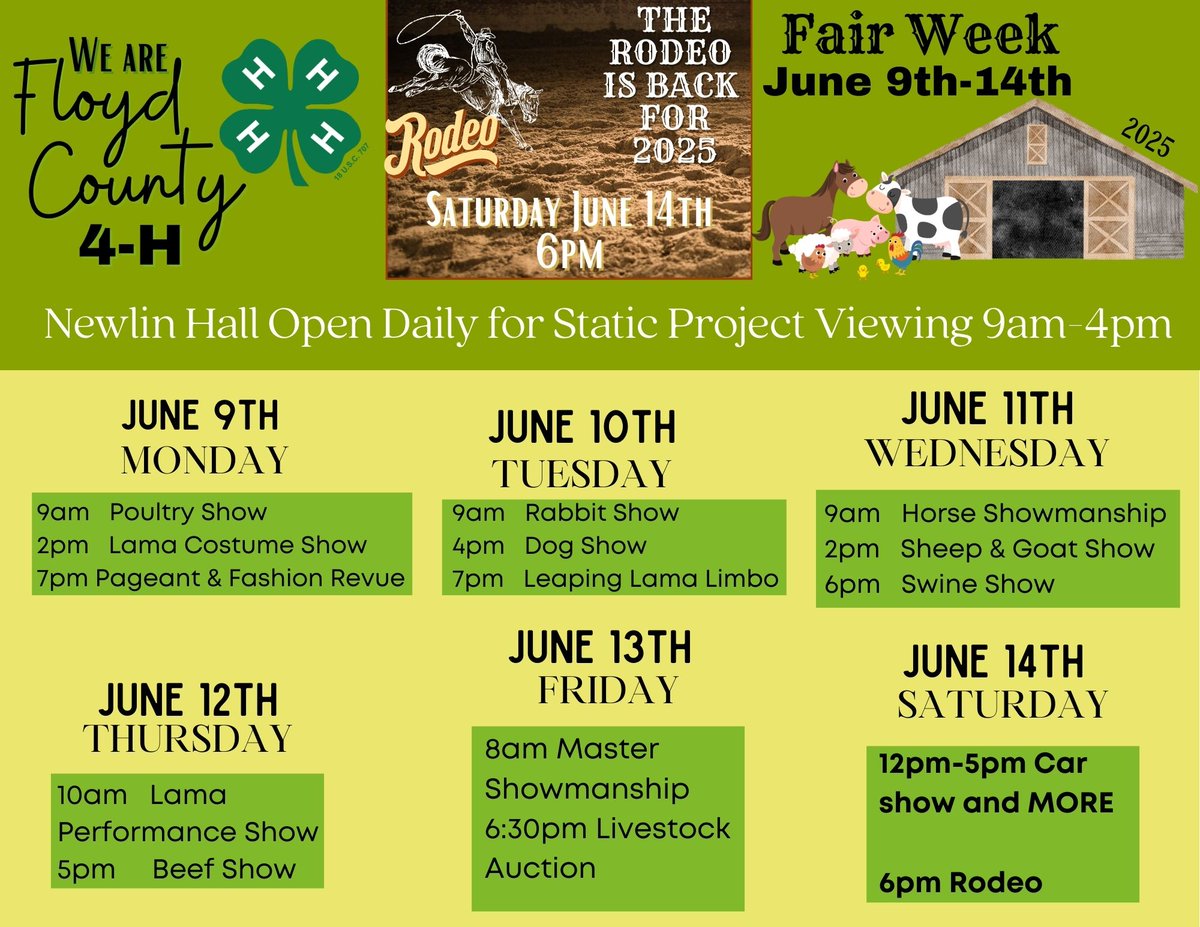 Don’t miss the Floyd County 4-H Fair, kicking off Monday at the Floyd County 4-H Fairgrounds!

Students from across Floyd County have been working hard to showcase their skills and projects. Come out and support their amazing efforts!

#NAFCSuccess