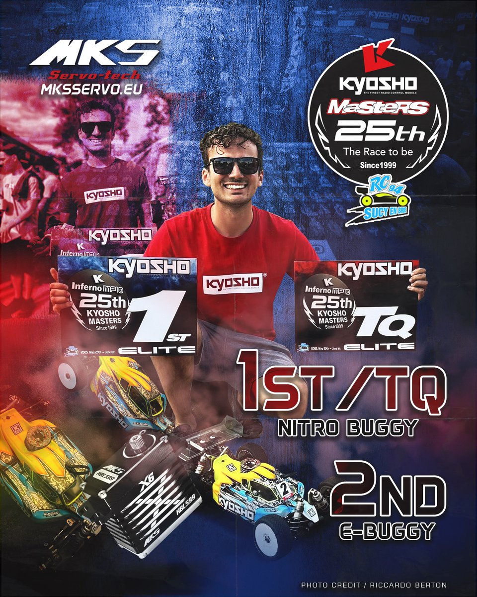 Congrats MKS Servo Tech 🇮🇹team driver Riccardo Berton won 🥇and TQ for nitro buggy and 🥈2nd for E-Buggy at 🏁🇫🇷the 25th Kyosho Masters (0529-0601, 2025)!!!🇫🇷🏁

#MKSservos #MKSservo #MKS #MKSEU KAVAN #HBL599
#Kyosho #kyoshoMasters2025