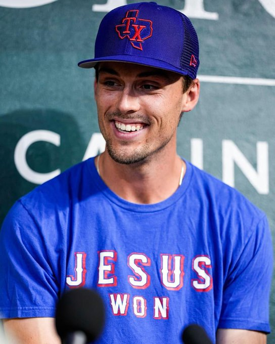 JesusSavesUs777's tweet image. The Texas Rangers do not celebrate Pride month.
Here is Evan Carter wearing a shirt with the message, "Jesus won."