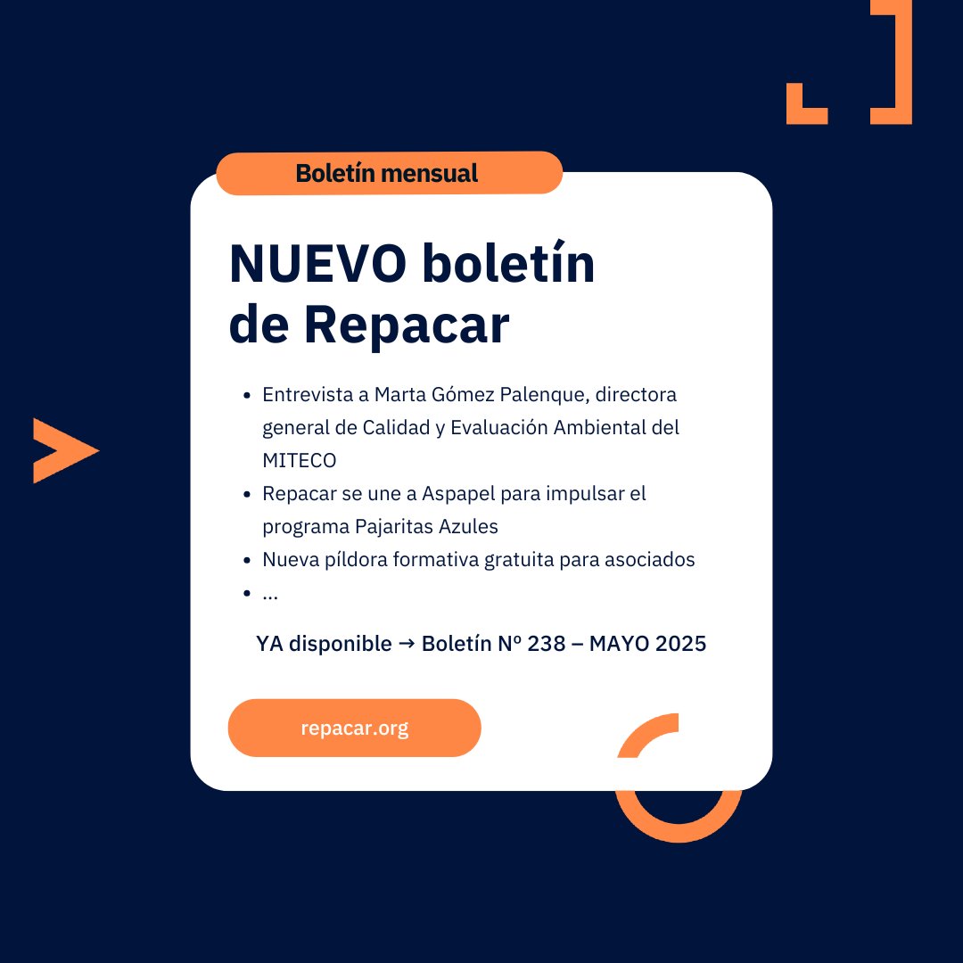 YA disponible el último #BoletínRepacar.

🔸 Entrevista a Marta Gómez Palenque, directora general de Calidad y Evaluación Ambiental del MITECO
🔸 Ayuntamientos premiados en Pajaritas Azules, programa impulsado por Aspapel y Repacar
🔸 Formación de junio.

repacar.org/boletin-no-238…