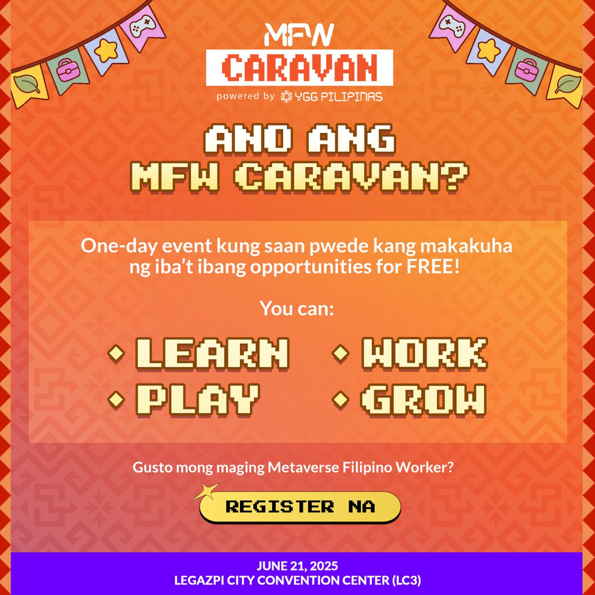MFWCaravan's tweet image. Isang araw lang to, guys! Anong experience ang gusto mo?

Minsan, isang event lang ang kailangan para magbago ang future mo. Andito ang MFW Caravan para dun!

Go na, huwag magpahuli! Register now for FREE at yggpilipinas.link/MFWCaravanBICOL