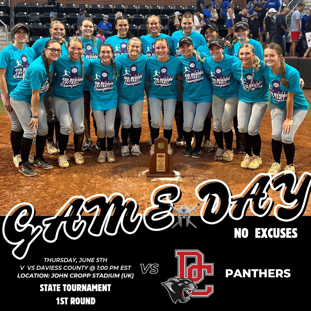 SWSoftball's tweet image. 🥎🖤⚔️ GAME DAY ⚔️🖤🥎
Your SPARTANS take on Daviess Co TODAY @ 1:00pm EST @ UK’s John Cropp Stadium for the first round of the KHSAA State Tournament!
GO SOUTH!
#NoExcuses