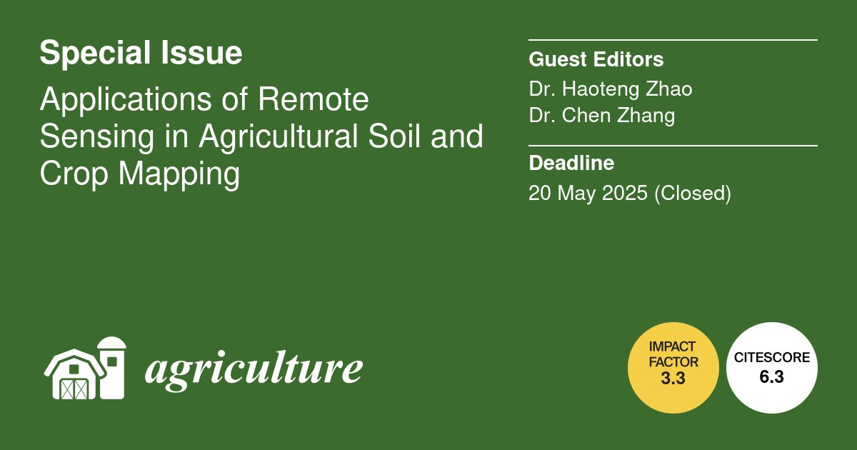 AgricultureMdpi's tweet photo. 🎉The #10th paper of the #specialissue: "Applications of Remote Sensing in Agricultural Soil and Crop Mapping" edited by Dr. Haoteng Zhao and Dr. Chen Zhang has been published! 🌱
📖Read more: https://t.co/NA2cghCUyH
#AgricultureMdpi #RemoteSensing #SoilMoisture #CropMapping https://t.co/3lHQ9mfbGo