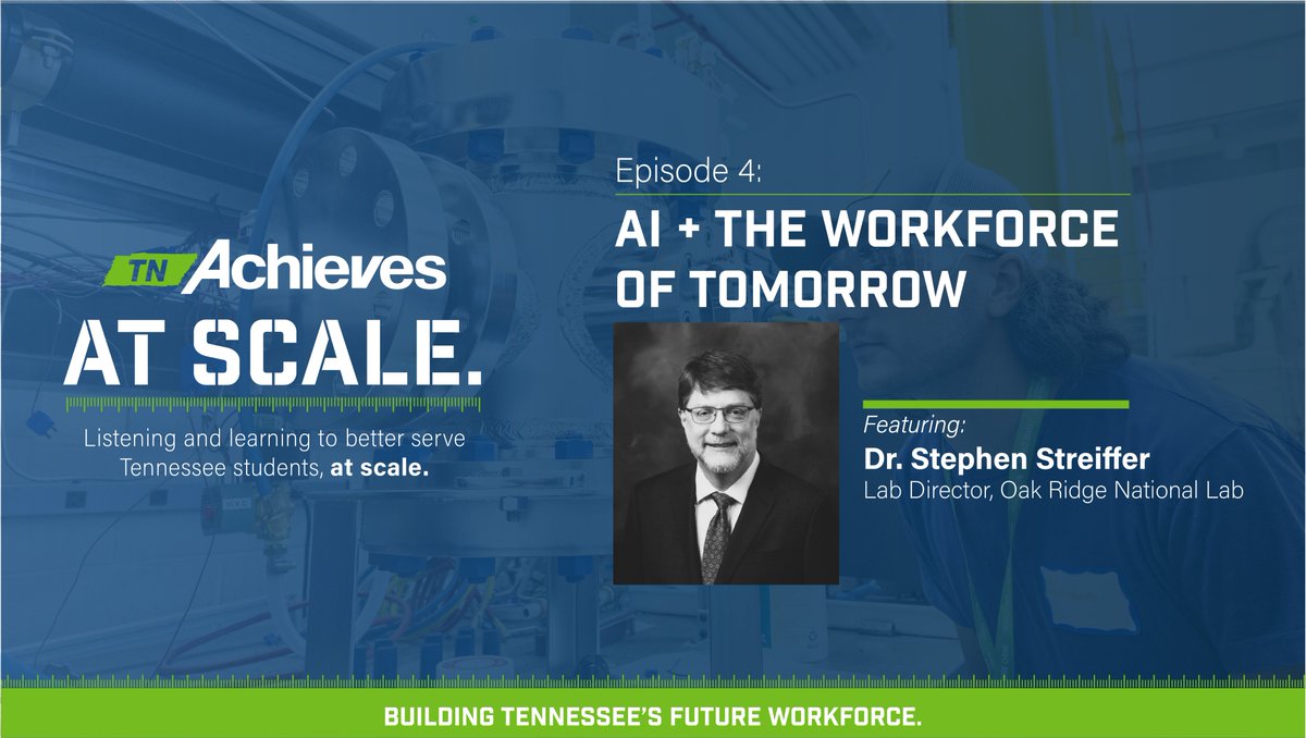 tnAchieves (@tnachieves) on Twitter photo Did you catch our latest #AtScale episode? Dr. Stephen Streiffer, Lab Director at <a href="/ORNL/">Oak Ridge Lab</a>, joined us for a great conversation about the future of Tennessee's workforce.
We dig into how AI intersects with the future of work, the skills ORNL looks for in new hires and how tnAchieves Did you catch our latest #AtScale episode? Dr. Stephen Streiffer, Lab Director at <a href="/ORNL/">Oak Ridge Lab</a>, joined us for a great conversation about the future of Tennessee's workforce.
We dig into how AI intersects with the future of work, the skills ORNL looks for in new hires and how tnAchieves