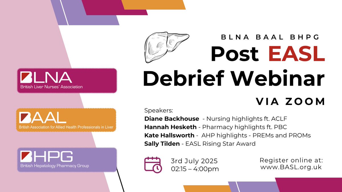 🔔 We are pleased to host BHPG-BLNA-BAAL Post EASL Debrief Webinar, where key highlights and insights from EASL 2025 will be shared. This is a great opportunity to stay informed on the latest developments in hepatology 

Sign up here! basl.org.uk/index.cfm/even…