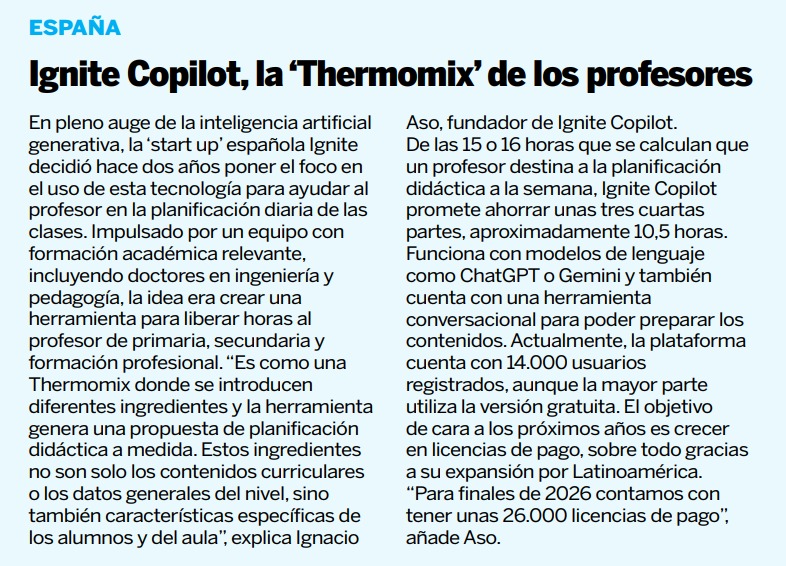 🚀 En plena transformación educativa, @Expansioncom destaca a IGNITE Copilot como la "Thermomix de los profesores".

Una herramienta de IA que libera tiempo y revoluciona la planificación docente.
👇