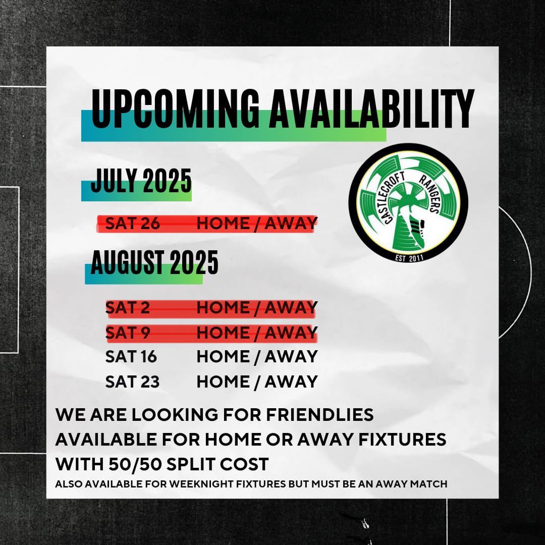 ***FRIENDLIES***
We still have 16th &amp; 23rd of August available for friendlies! Please let us know if you’re interested in either of these dates.