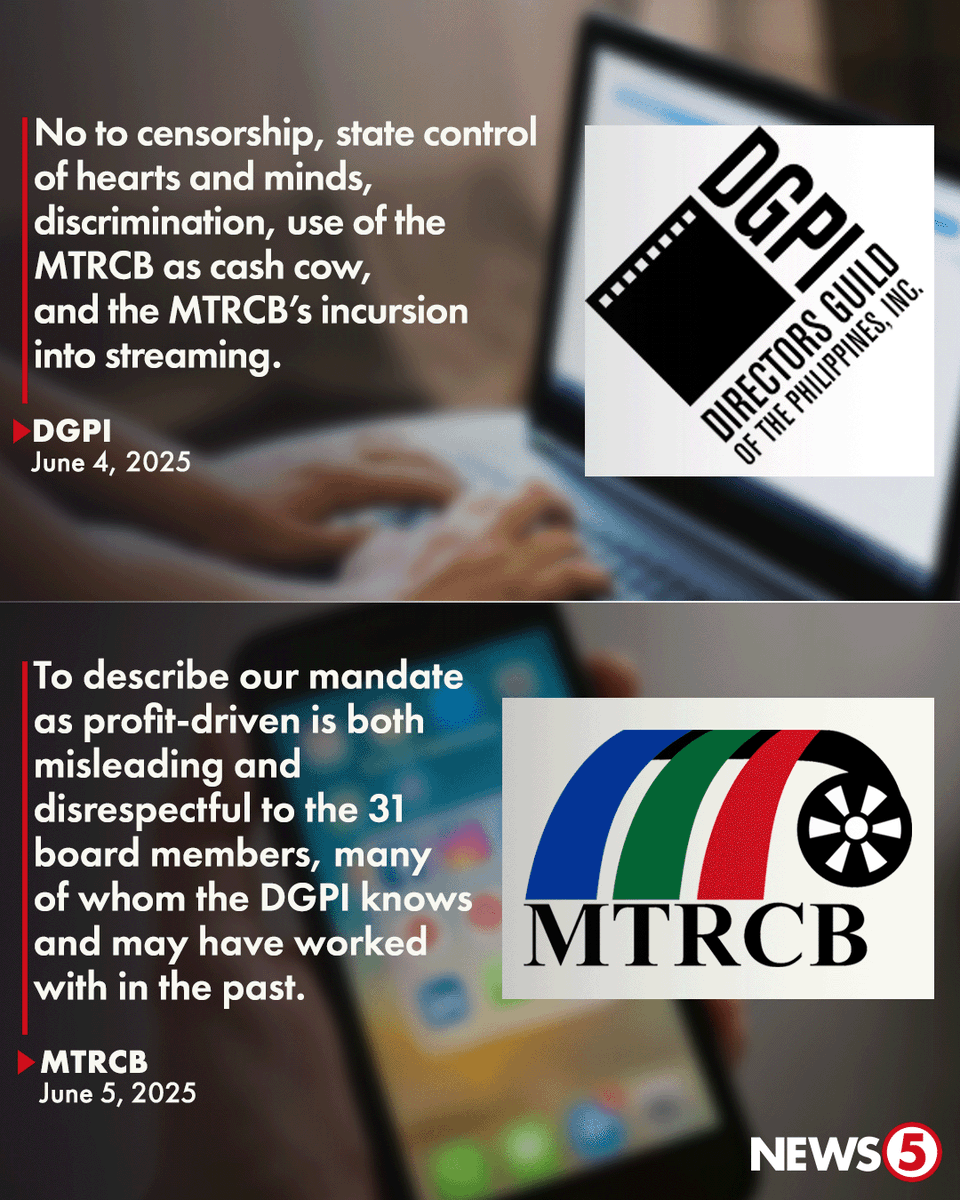 News5PH's tweet image. MTRCB VS. DGPI

Umalma ang Movie and Television Review and Classification Board #MTRCB sa pahayag ng Directors&apos; Guild of the Philippines #DGPI na ginagamit ang regulatory agency bilang &quot;cash cow.&quot;

Kasunod ito ng pagpasa ng Senado sa isang panukalang batas na maisama ang online…
