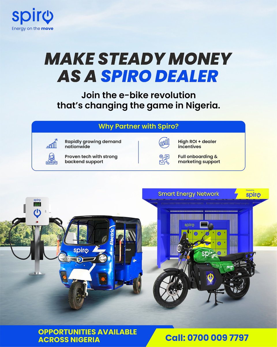 Queenjohn4's tweet photo. Join the E-Bike revolution by being a dealer with @SPIROEVs
The opportunities are available across Nigeria.
#EnergyOnTheMove
#EMobility
#PoweringEMobility https://t.co/ITMJEsmhWw