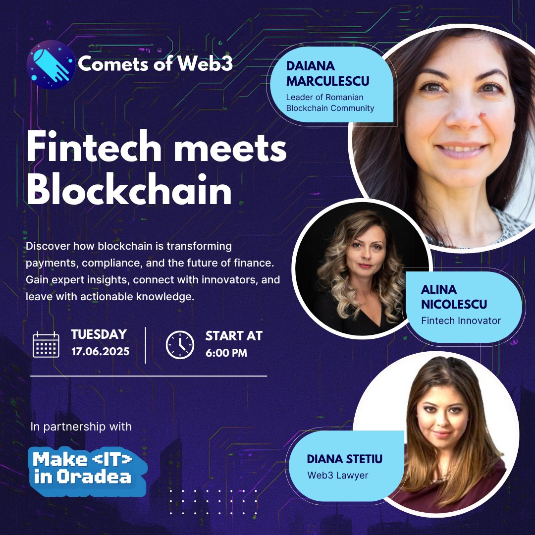 Comets of Web3 βοΈ (@cometsofweb3_) on Twitter photo Don't forget to sign up for the Fintech meets Blockchain event in Oradea, in partnership with <a href="/makeitinoradea/">Make IT in Oradea</a>!
Meet the Speakers:
π£ <a href="/DaianaM007/">Daiana πΆοΈ</a> - Leader of the Blockchain Builders Community in Romania, Blockchain strategist, Founder of <a href="/cometsofweb3_/">Comets of Web3 βοΈ</a> , Ex-ecosystem lead at Don't forget to sign up for the Fintech meets Blockchain event in Oradea, in partnership with <a href="/makeitinoradea/">Make IT in Oradea</a>!
Meet the Speakers:
π£ <a href="/DaianaM007/">Daiana πΆοΈ</a> - Leader of the Blockchain Builders Community in Romania, Blockchain strategist, Founder of <a href="/cometsofweb3_/">Comets of Web3 βοΈ</a> , Ex-ecosystem lead at
