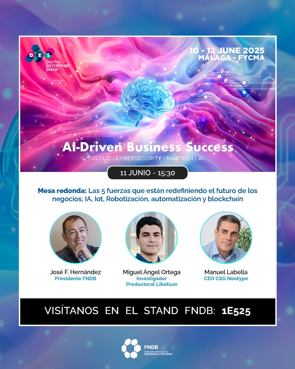 𝗟𝗮 𝗙𝗡𝗗𝗕 𝘃𝗮 𝗮 𝗲𝘀𝘁𝗮𝗿 𝗠𝗨𝗬 𝗽𝗿𝗲𝘀𝗲𝗻𝘁𝗲 𝗲𝗻 𝗲𝗹 #𝗗𝗘𝗦𝟮𝟬𝟮𝟱

La semana que viene la <a href="/FNDB_Oficial/">FNDB Federación Nacional de Digitalización y Block</a> desembarca en Málaga, en el <a href="/DES_show/">#DES2025</a> 2025.

El evento internacional de referencia en transformación digital.

Un congreso multisectorial que va a reunir a