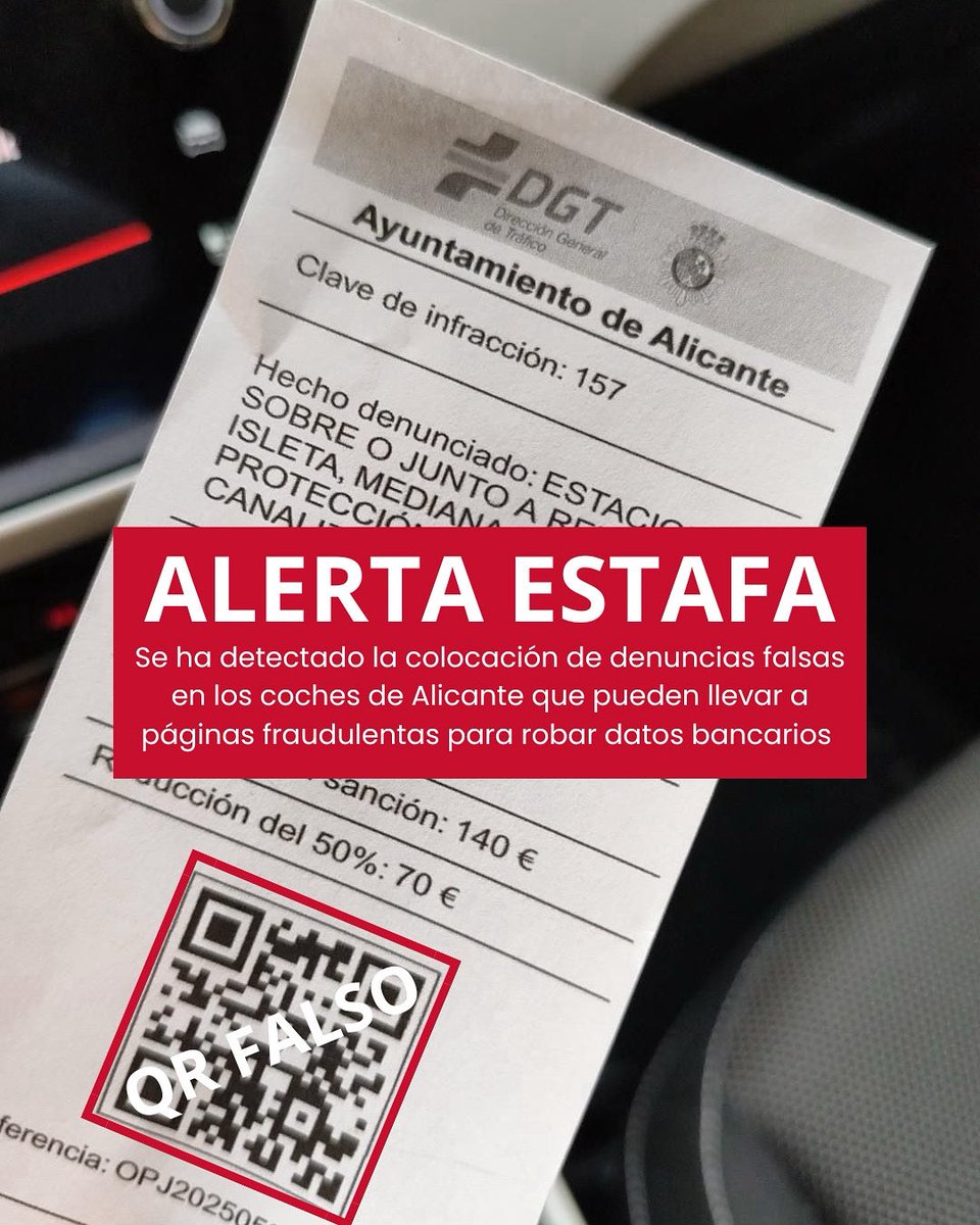 ⚠️ AVISO - Se ha detectado la colocación de denuncias FALSAS en los parabrisas de coches situados en la avenida Benito Pérez Galdós y zonas cercanas y podrían aparecer en otras zonas de la ciudad de Alicante

NO ESCANEES EL QR Y NO INTRODUZCAS INFORMACIÓN PERSONAL O BANCARIA.